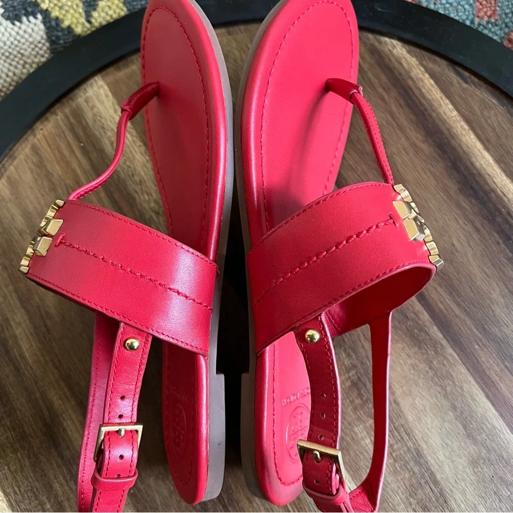 Tory Burch Eleanor T-Strap Sandals Red Leather US7